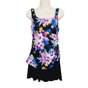 Rose Marie Reid Black Purple Floral Bathing Suit Swim dress Women's size L
